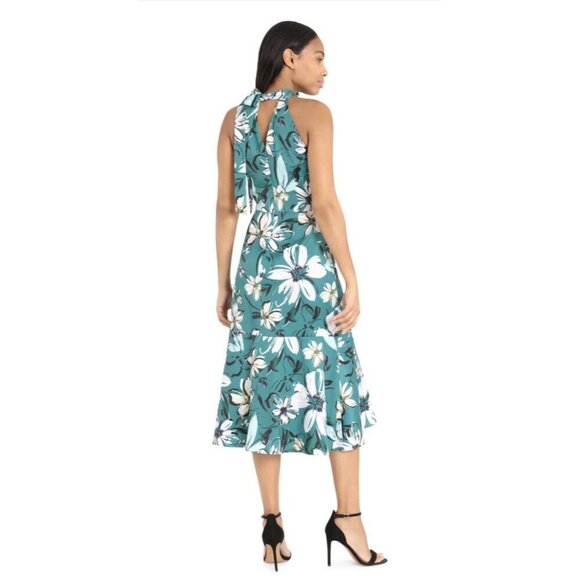 MAGGY LONDON Woman’s CAROLINA HALTER DRESS FLORAL MIDI CHARMEUSE GREEN SZ 2 - Picture 9 of 9